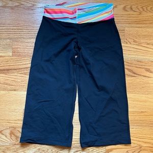 Lululemon black wide leg crop pants with multicolored waistband